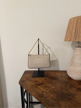 Michael Kors Cream Logo-Print Wristlet with Gold Chain